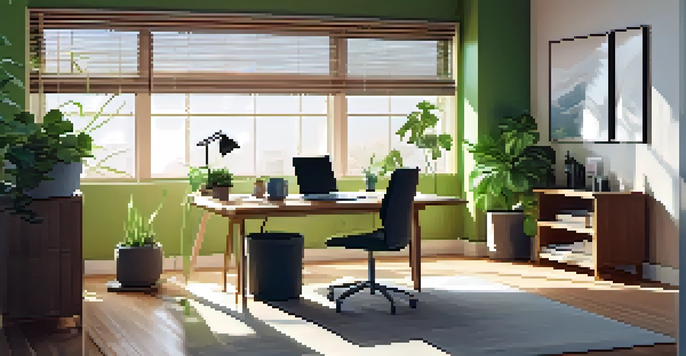 A calm office scene with sunlight, a plant, and a person practicing mindfulness at their desk.