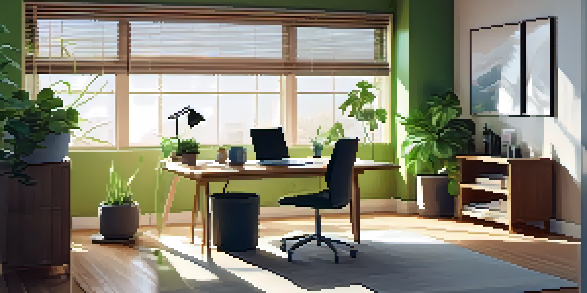 A calm office scene with sunlight, a plant, and a person practicing mindfulness at their desk.