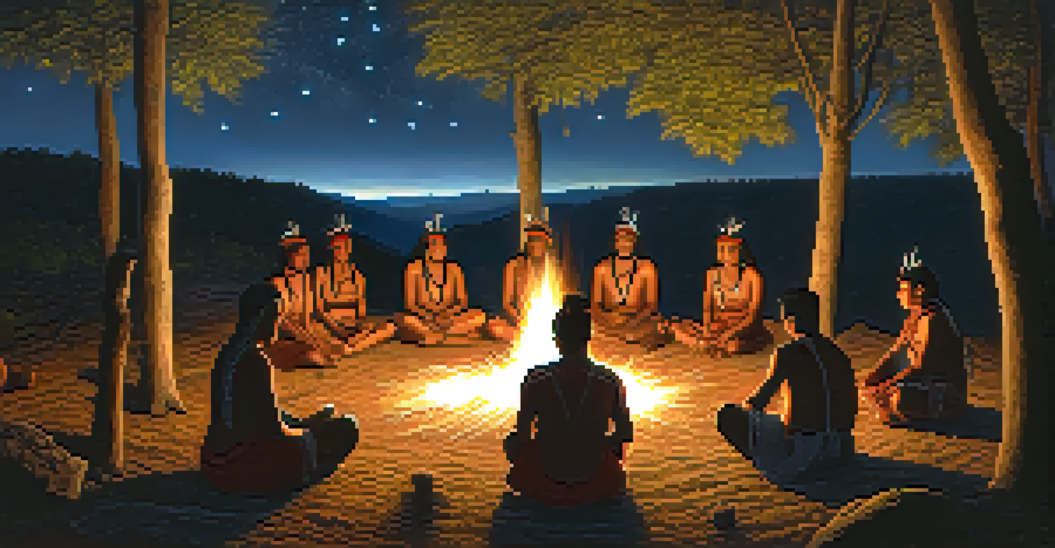 An indigenous ceremony around a fire under a starry sky, with participants engaged in spiritual rituals.