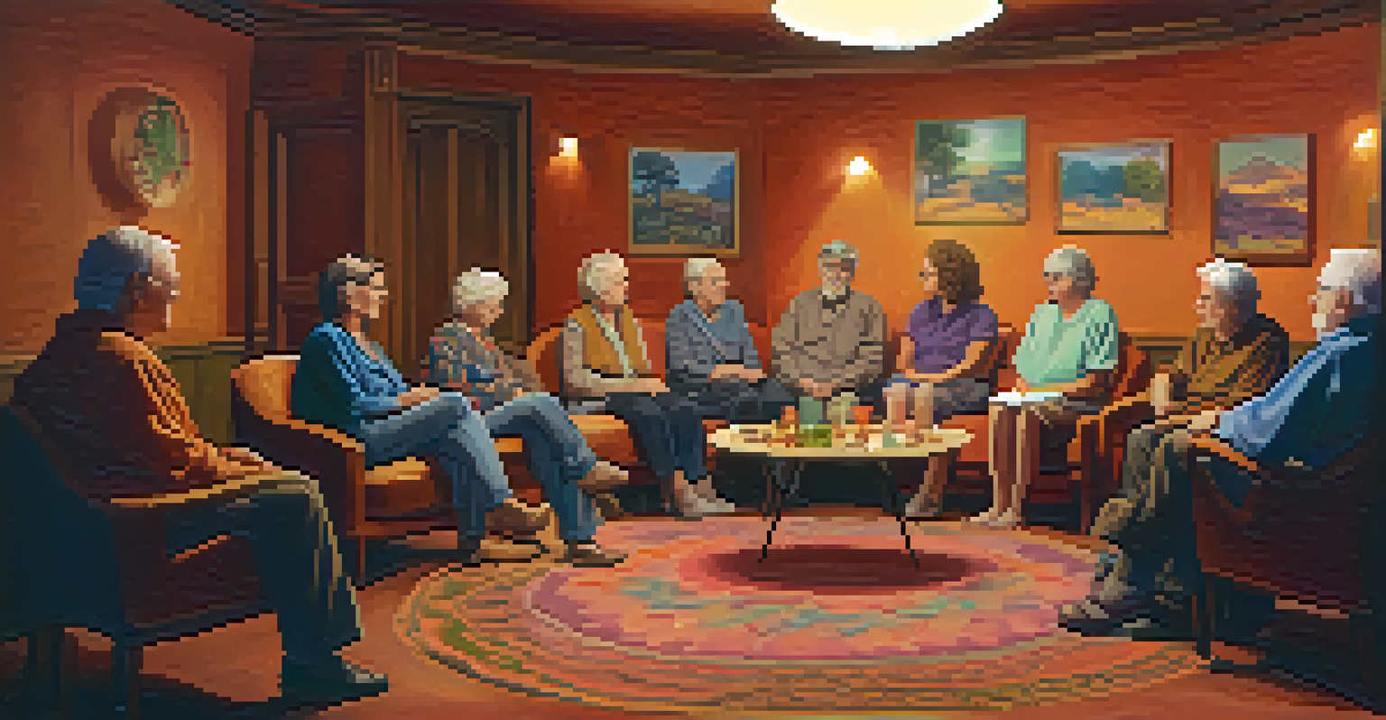 A group of older adults in a cozy room participating in a guided therapy session with a therapist.