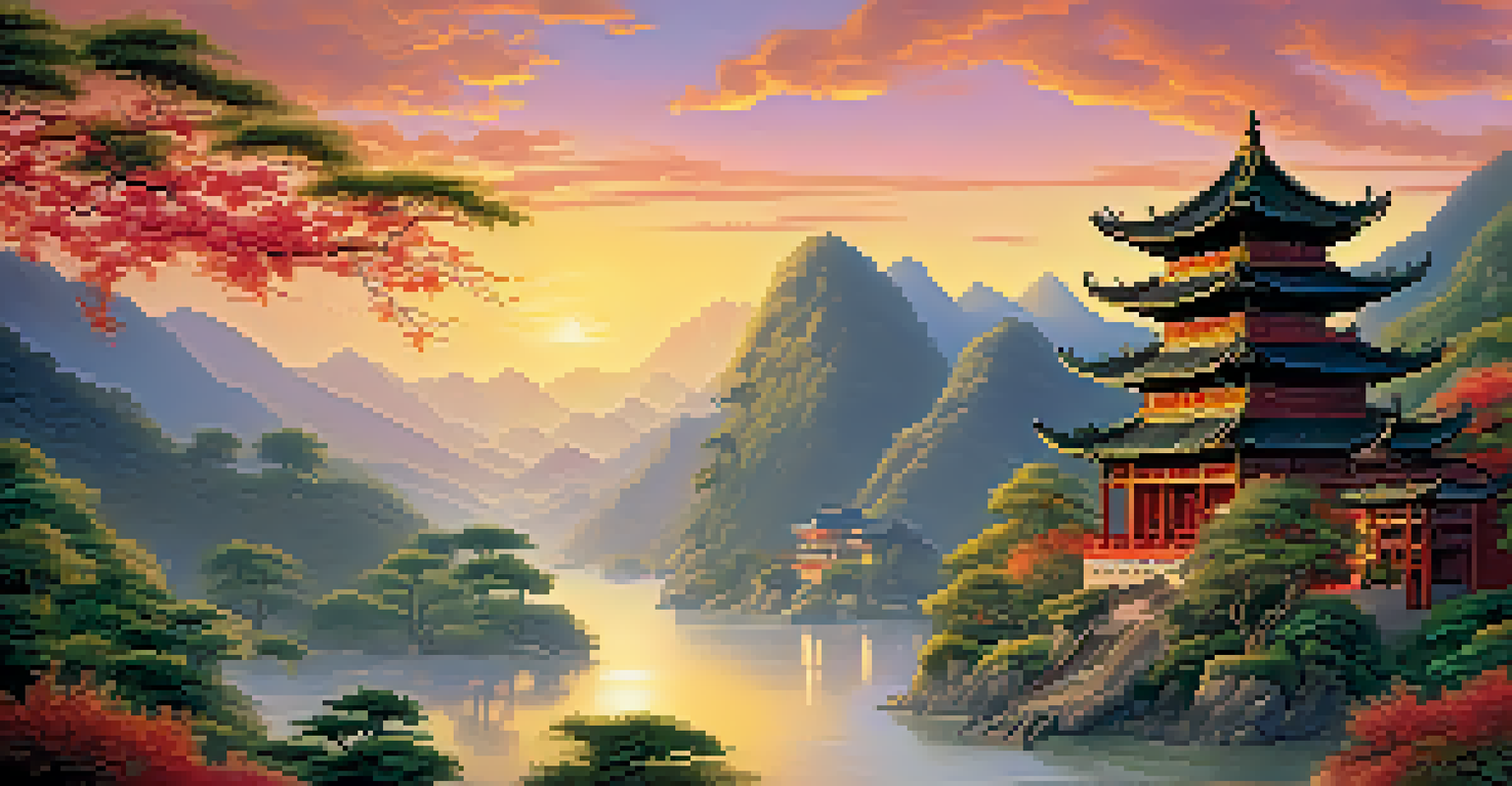 A Taoist temple set in a mountainous landscape at sunset, showcasing traditional architecture.