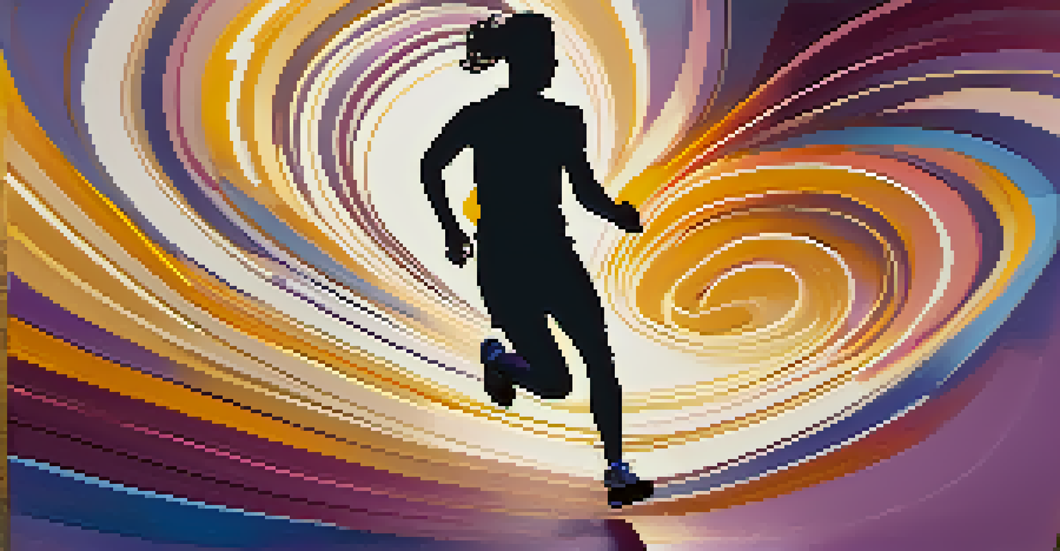 An abstract silhouette of a runner surrounded by swirling colors and shapes symbolizing mental clarity and energy flow, against a deep blue and purple gradient background.