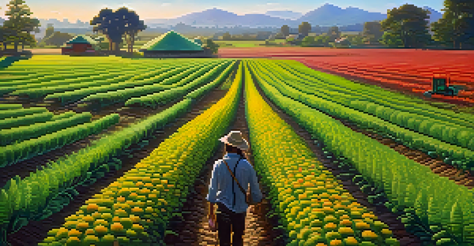 A diverse regenerative farm with green crops and colorful entheogenic plants under warm sunlight, featuring a farmer tending to the land.