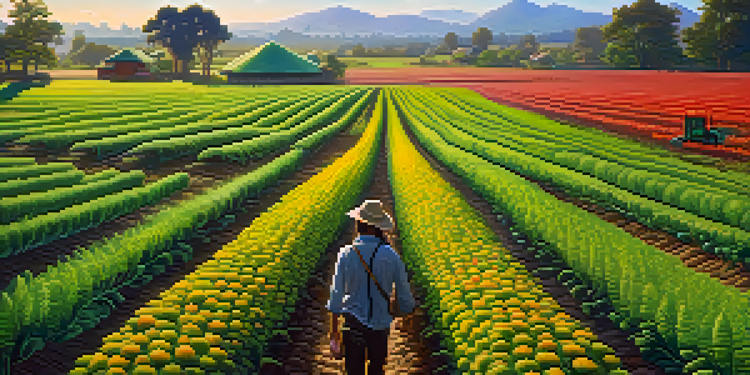 A diverse regenerative farm with green crops and colorful entheogenic plants under warm sunlight, featuring a farmer tending to the land.