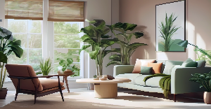 A cozy therapy room with a therapist and client discussing, surrounded by plants and soft lighting.