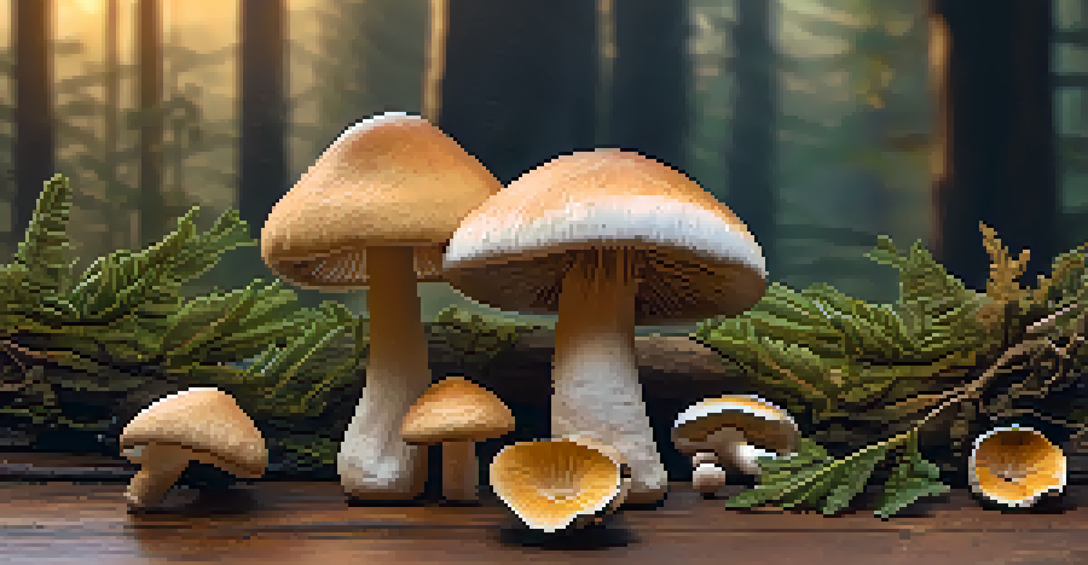 Dried psilocybin mushrooms artistically arranged on a wooden table, with leaves and stones, illuminated by warm sunset light.