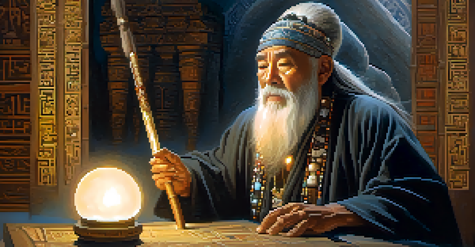 An elderly shaman mentor surrounded by scrolls and light, holding a staff and gazing into a crystal orb, with intricate patterns in the background.