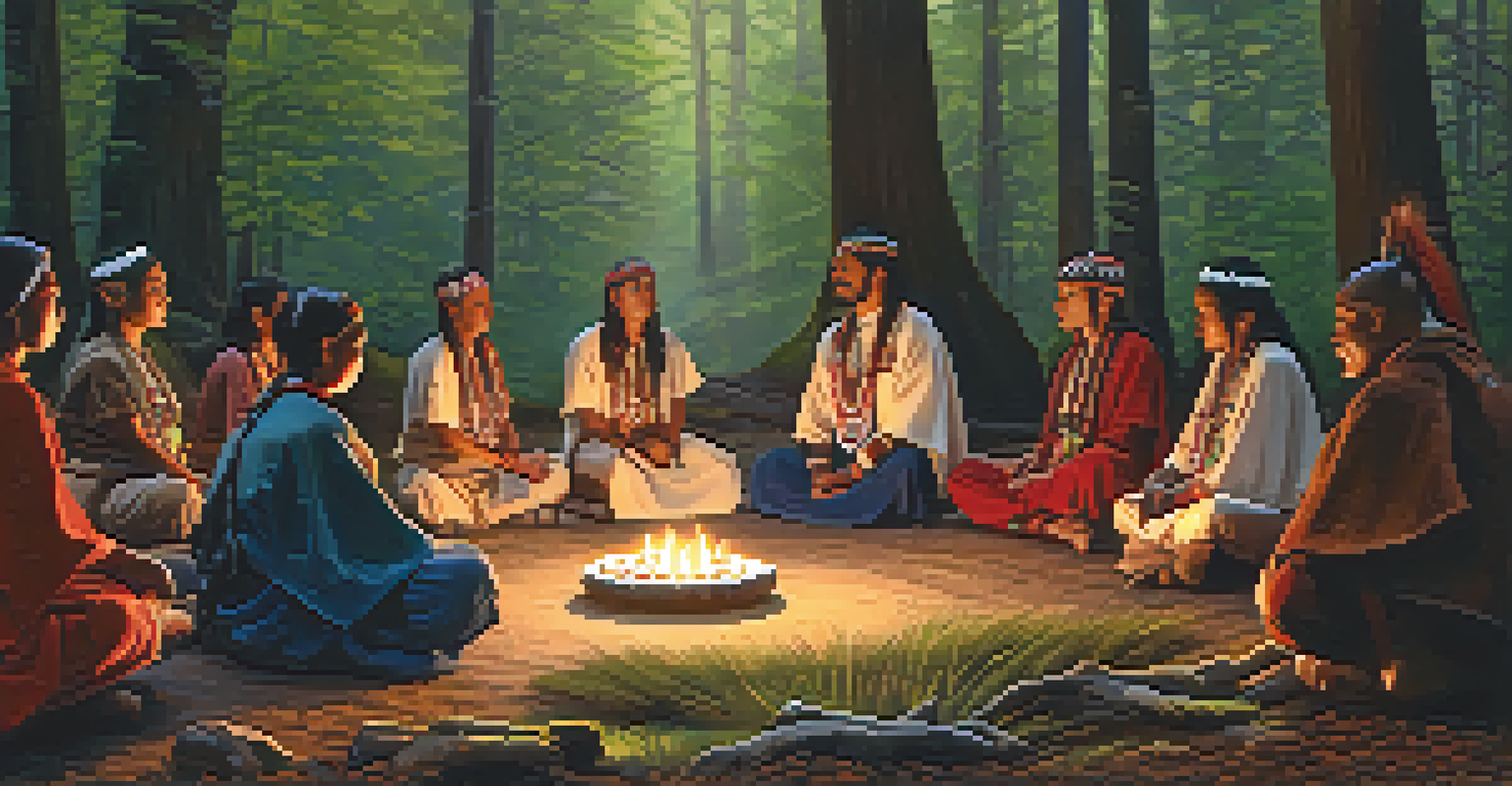 A close-up view of a shamanic ceremony with participants in a circle, illuminated by candles, showcasing their meditative expressions.