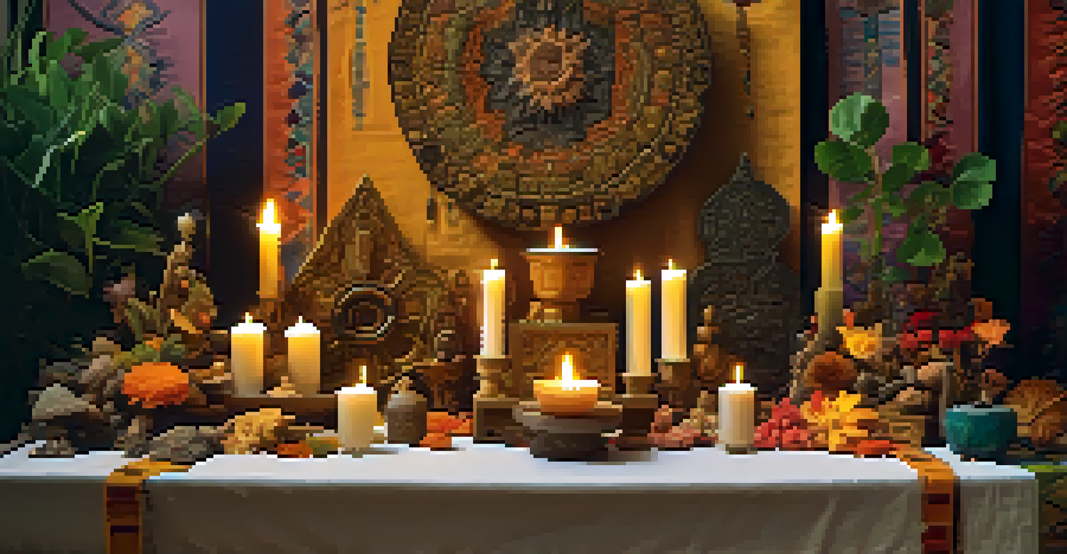 An altar featuring entheogenic plants and fungi, decorated with textiles and candles, illuminated by soft golden light.