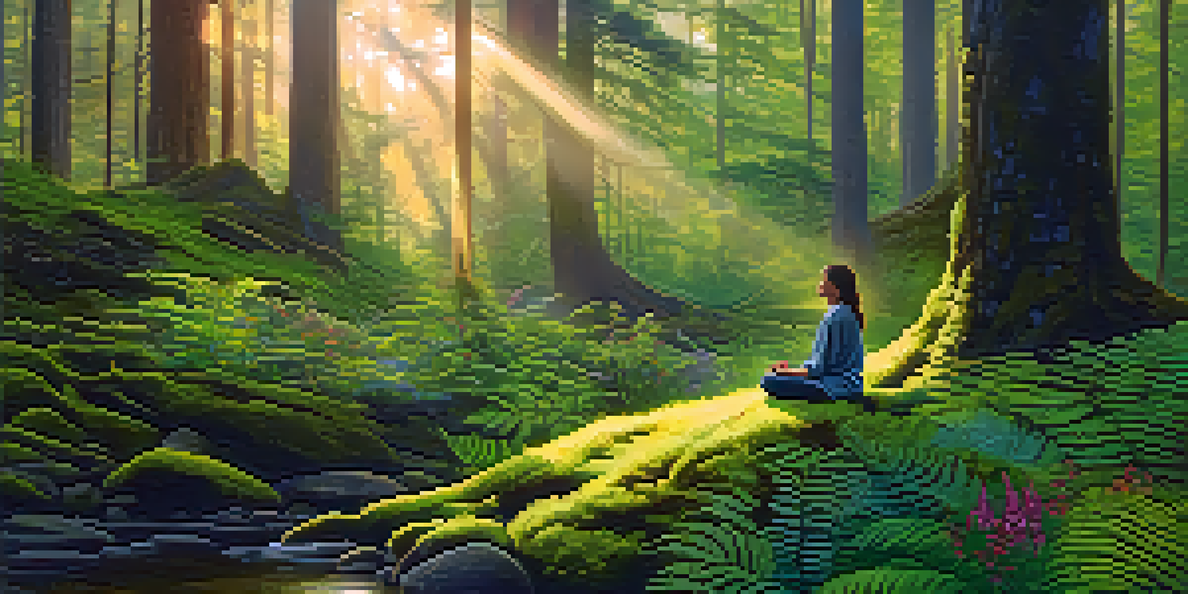 A person meditating in a lush green forest at sunrise, surrounded by ferns and wildflowers.