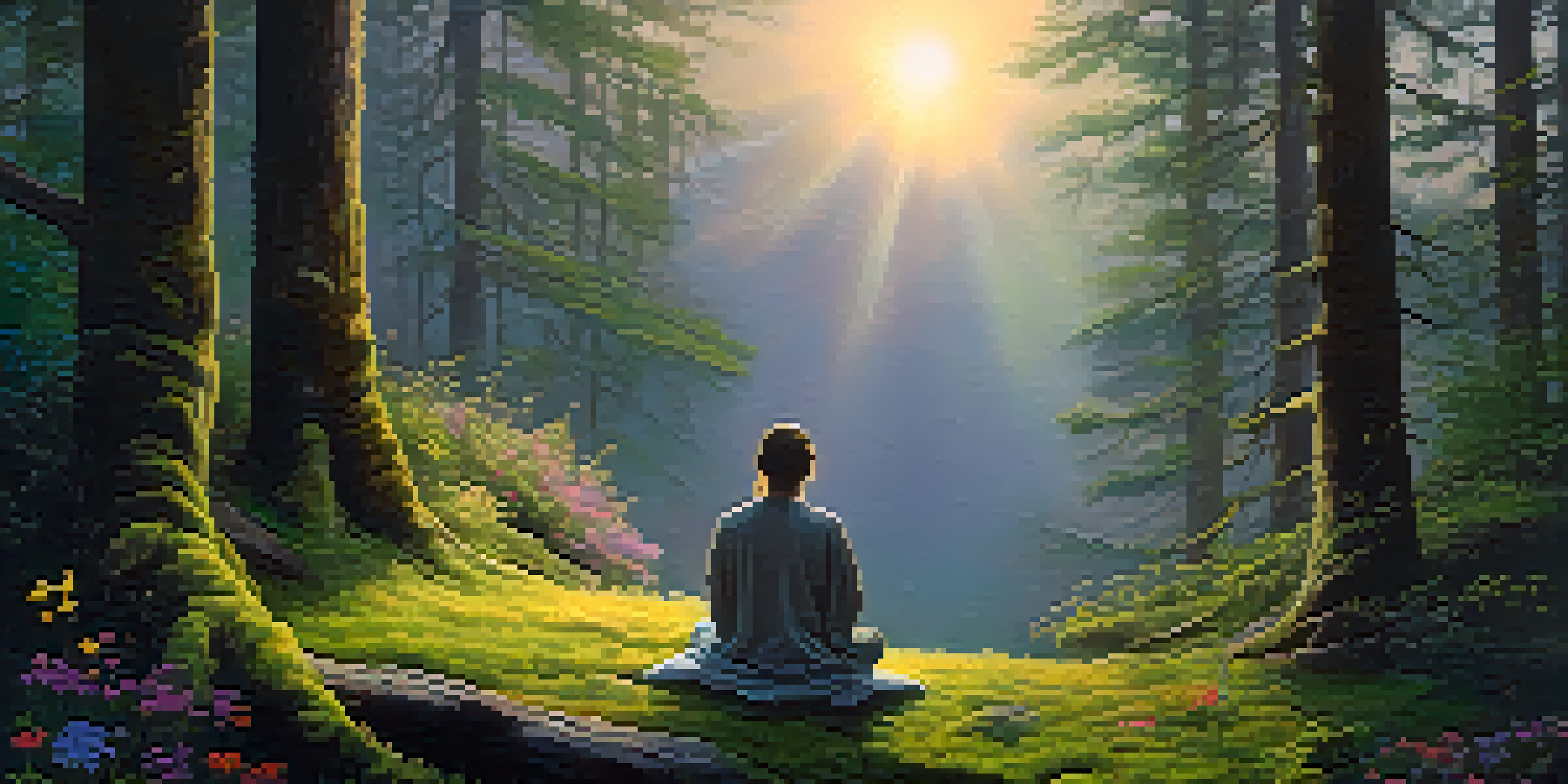 A person meditating on a moss-covered rock in a tranquil forest at dusk, with golden light filtering through the trees and mist rising from the ground.