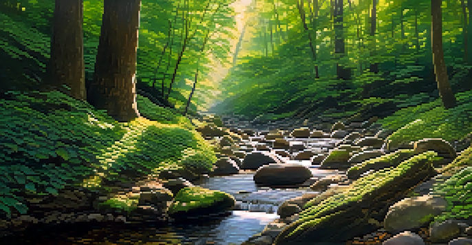 A peaceful forest scene with sunlight filtering through the trees and a stream flowing over stones.