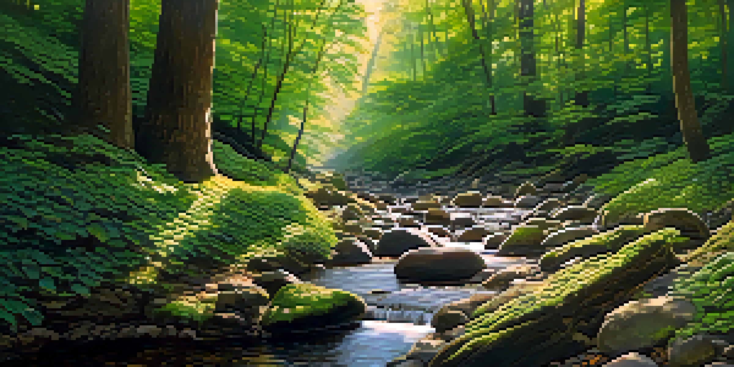 A peaceful forest scene with sunlight filtering through the trees and a stream flowing over stones.
