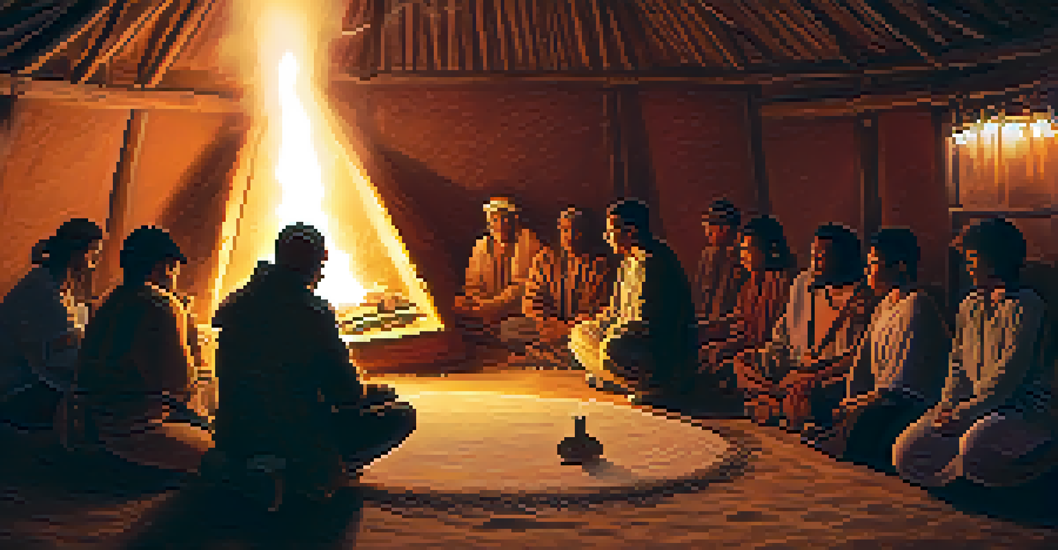 Participants inside a sweat lodge, enveloped in steam, engaging in prayer and storytelling, with warm lighting and rustic textures around them.
