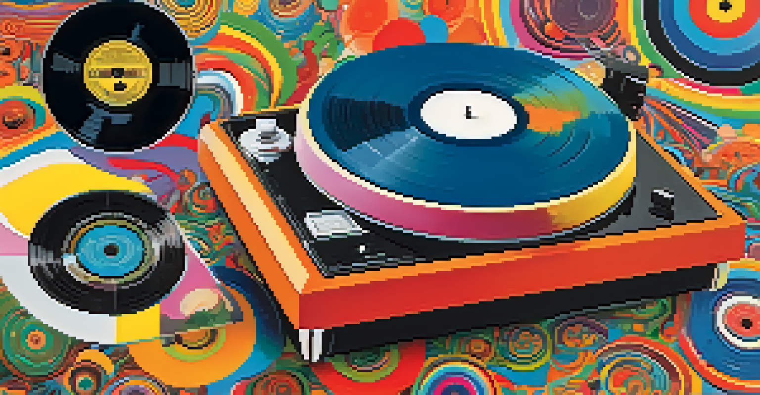 A retro album cover design with swirling patterns and bright colors, featuring a vintage record player and vinyl records.