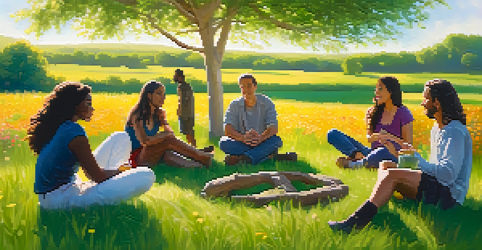 A diverse group of people sitting in a circle on a green meadow, talking and sharing emotions under sunlight filtering through trees.