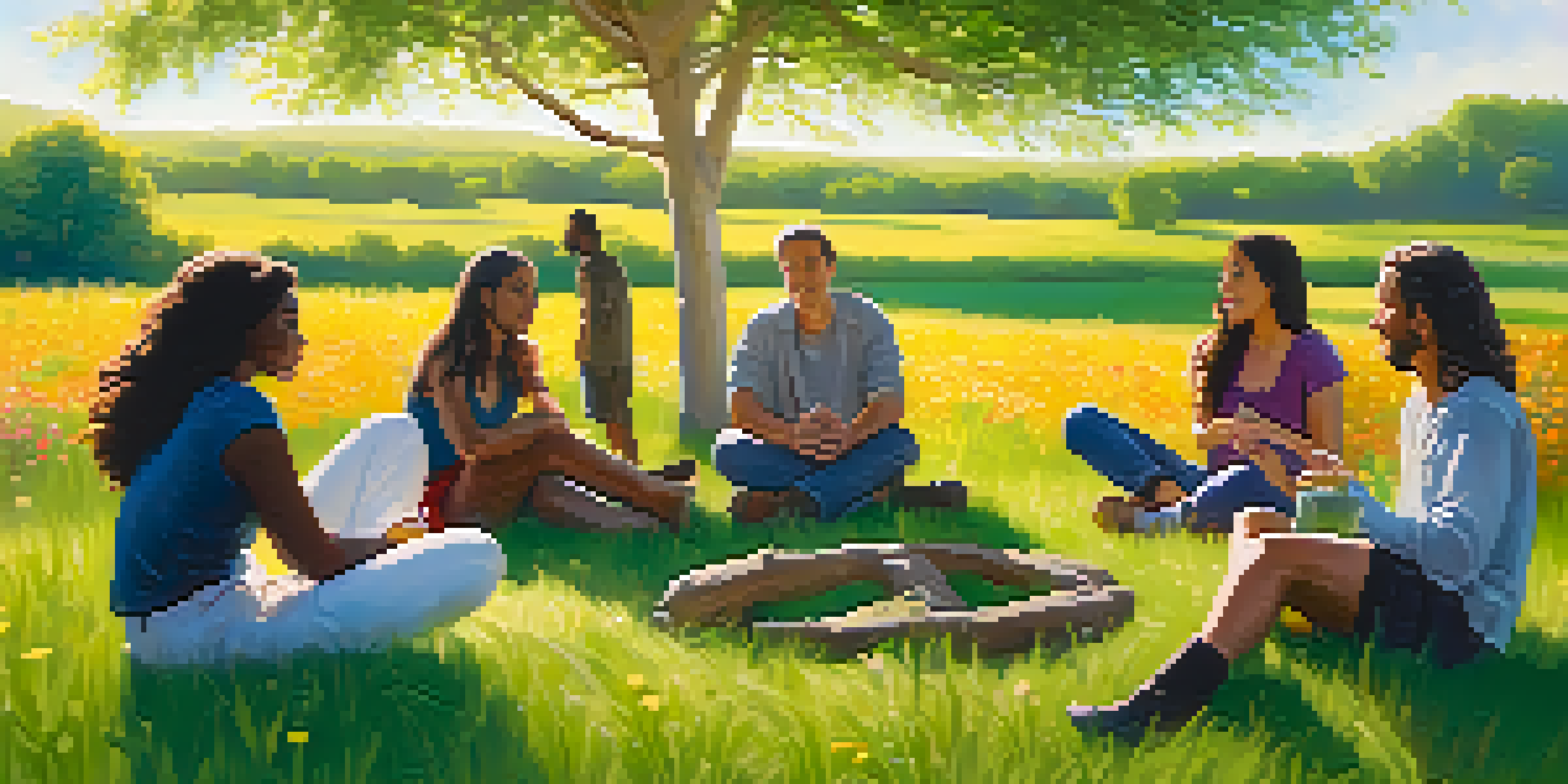 A diverse group of people sitting in a circle on a green meadow, talking and sharing emotions under sunlight filtering through trees.