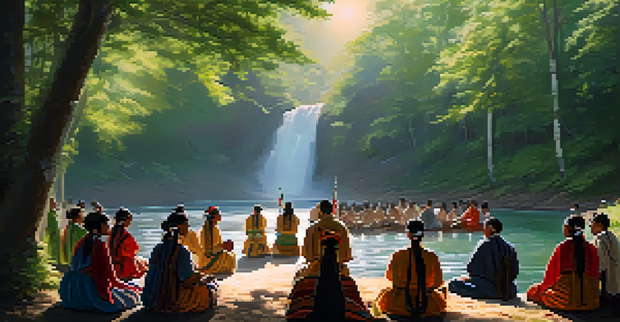 An Indigenous ceremony by a river, with participants in traditional attire and sunlight filtering through the trees.