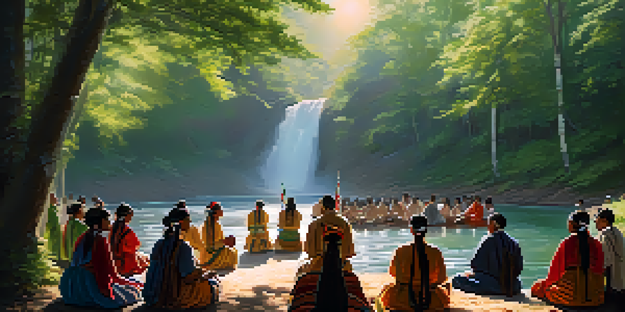 An Indigenous ceremony by a river, with participants in traditional attire and sunlight filtering through the trees.
