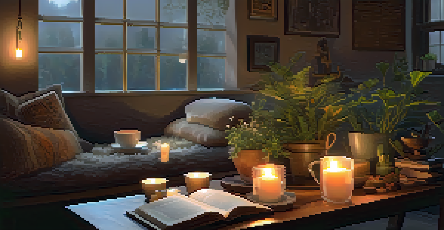 A tranquil room with plants, candles, and a table displaying natural entheogens, inviting introspection and reflection.