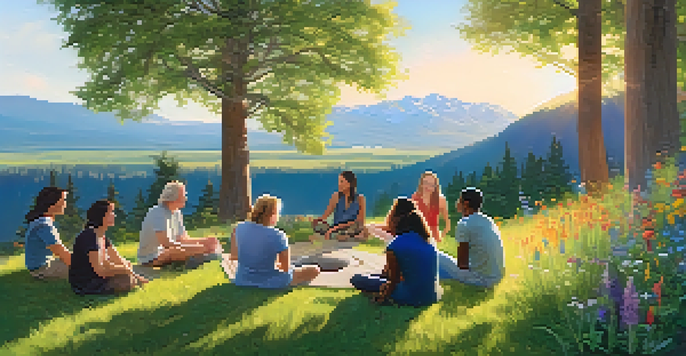 A group of diverse individuals in a circle at an outdoor retreat, surrounded by greenery and flowers, sharing insights in a serene environment.