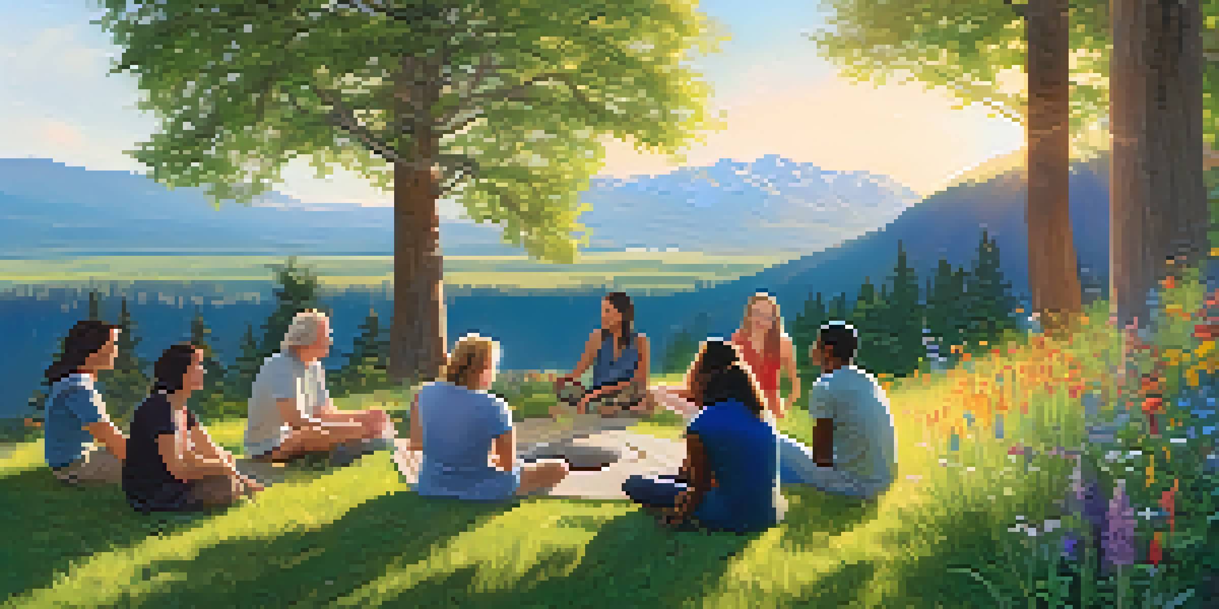 A group of diverse individuals in a circle at an outdoor retreat, surrounded by greenery and flowers, sharing insights in a serene environment.