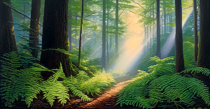 A peaceful forest at dawn with mist, green ferns, ancient trees, and psilocybin mushrooms under soft sunlight.