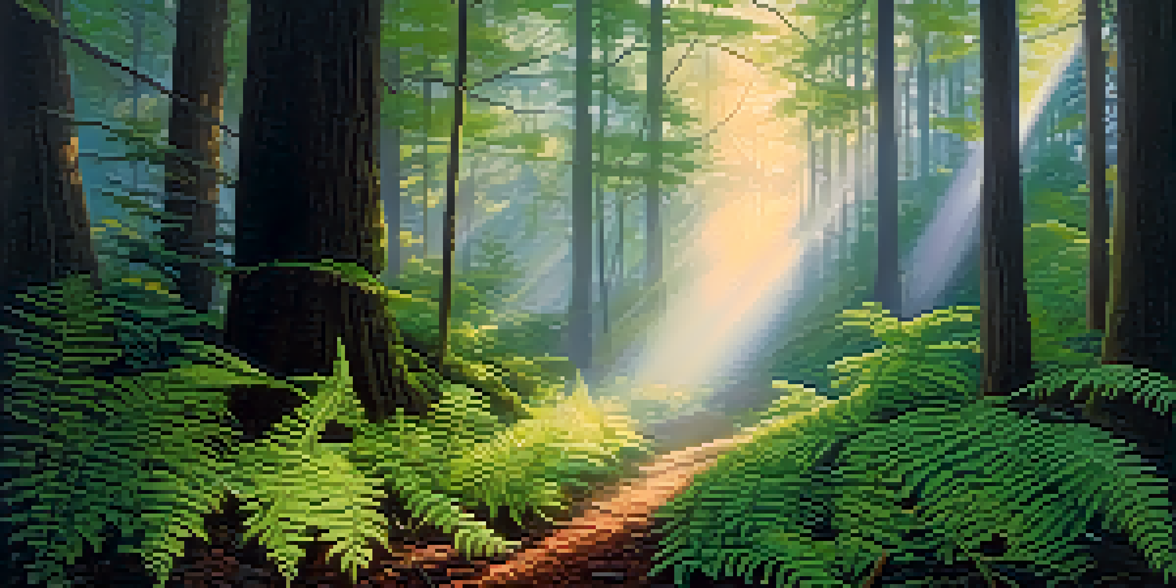 A peaceful forest at dawn with mist, green ferns, ancient trees, and psilocybin mushrooms under soft sunlight.
