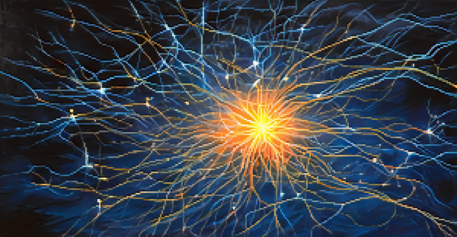 An abstract illustration of the brain's Default Mode Network, featuring glowing neurons and luminous pathways against a deep blue background.