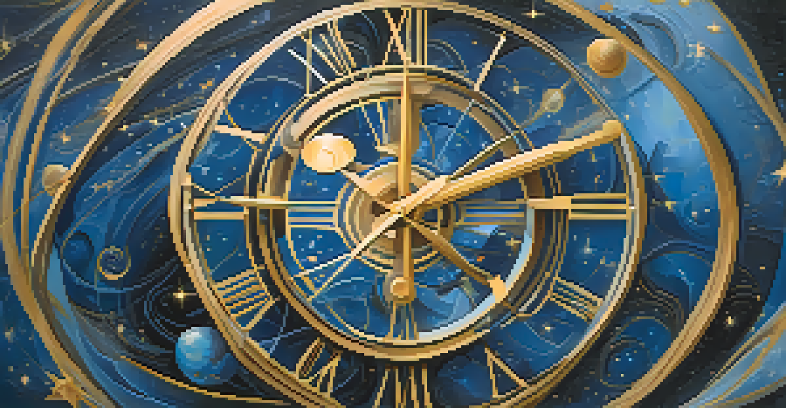 An abstract artwork depicting swirling clocks and cosmic patterns to represent the fluid nature of time.