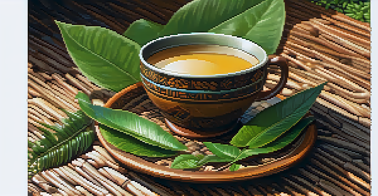 A close-up of a cup of Ayahuasca brew surrounded by fresh Amazonian leaves and flowers, highlighting its cultural significance.