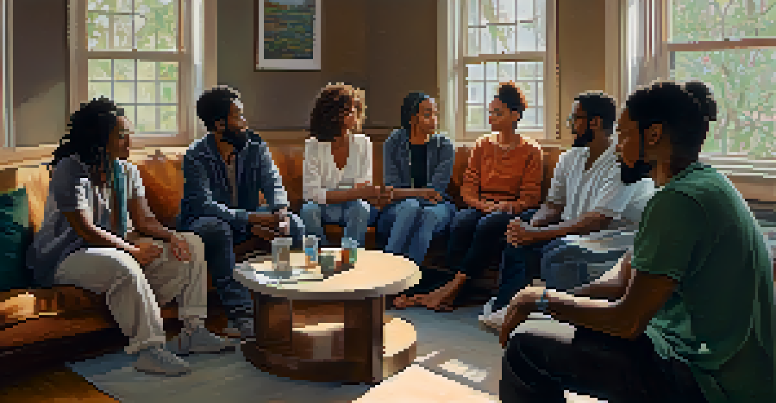A group of diverse people sitting in a circle in a cozy room, sharing their personal stories in a supportive and empathetic environment.