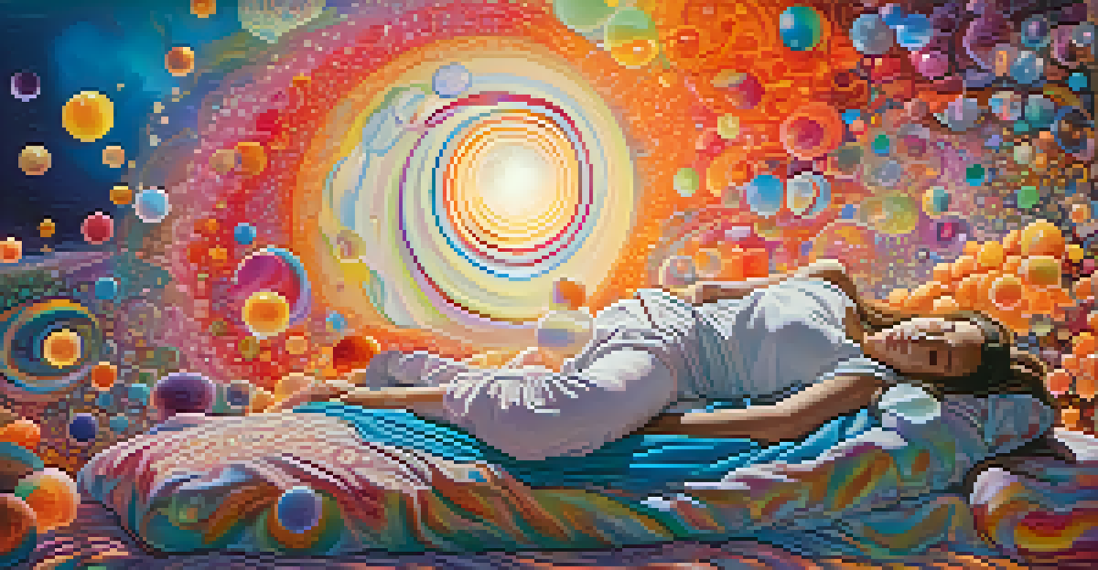 A split image showing a person dreaming in bed and another meditating surrounded by colorful, swirling patterns.