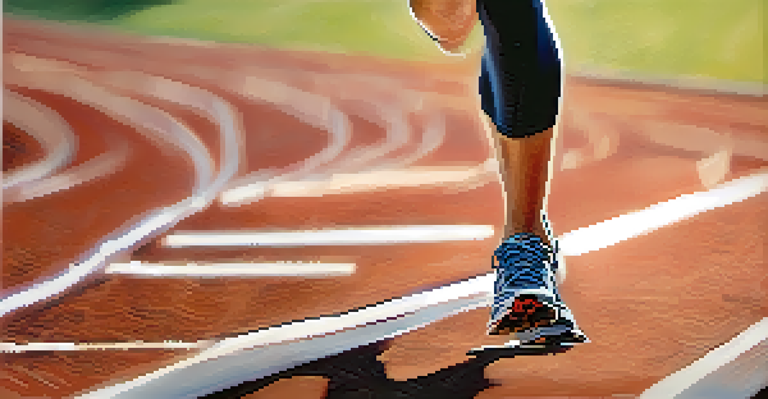 A close-up of a runner's feet on a track during a powerful stride, highlighting the shoes and track surface.