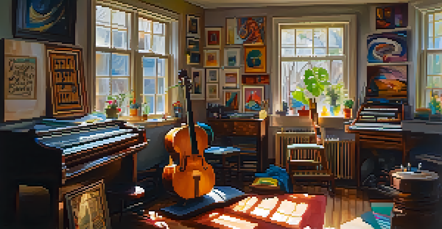 An artist's studio with musical instruments and art supplies, showcasing a musician creating a new song in warm light.