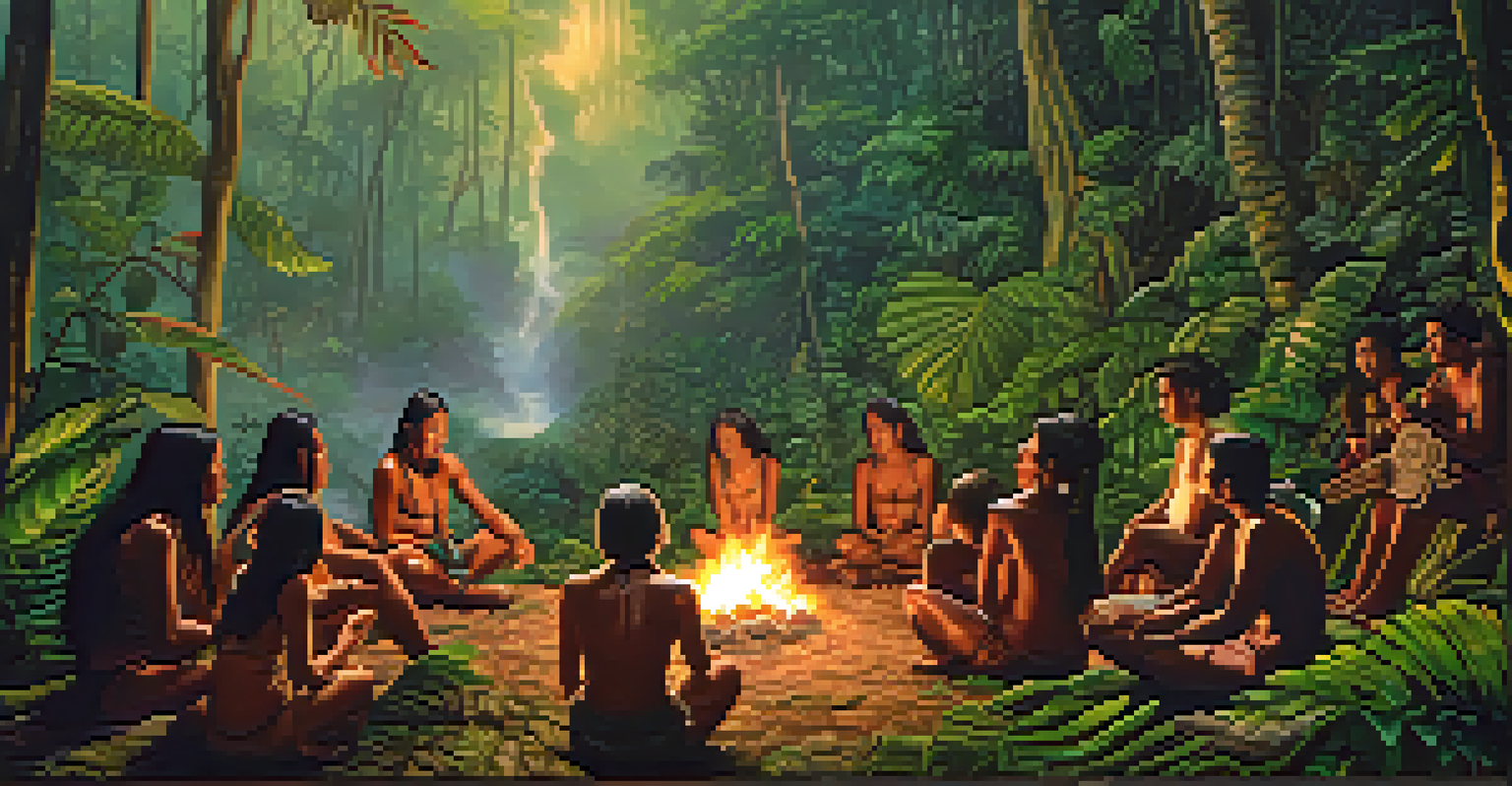 Indigenous people in the Amazon rainforest sharing stories around a ceremonial fire, surrounded by rich greenery and wildlife.