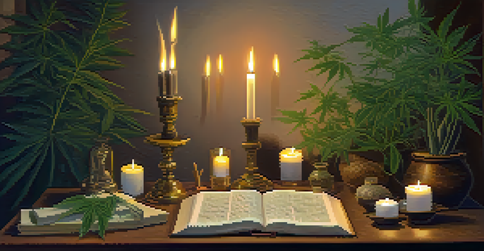 A peaceful meditation area with candles, cannabis leaves, and ancient texts, creating a spiritual atmosphere.