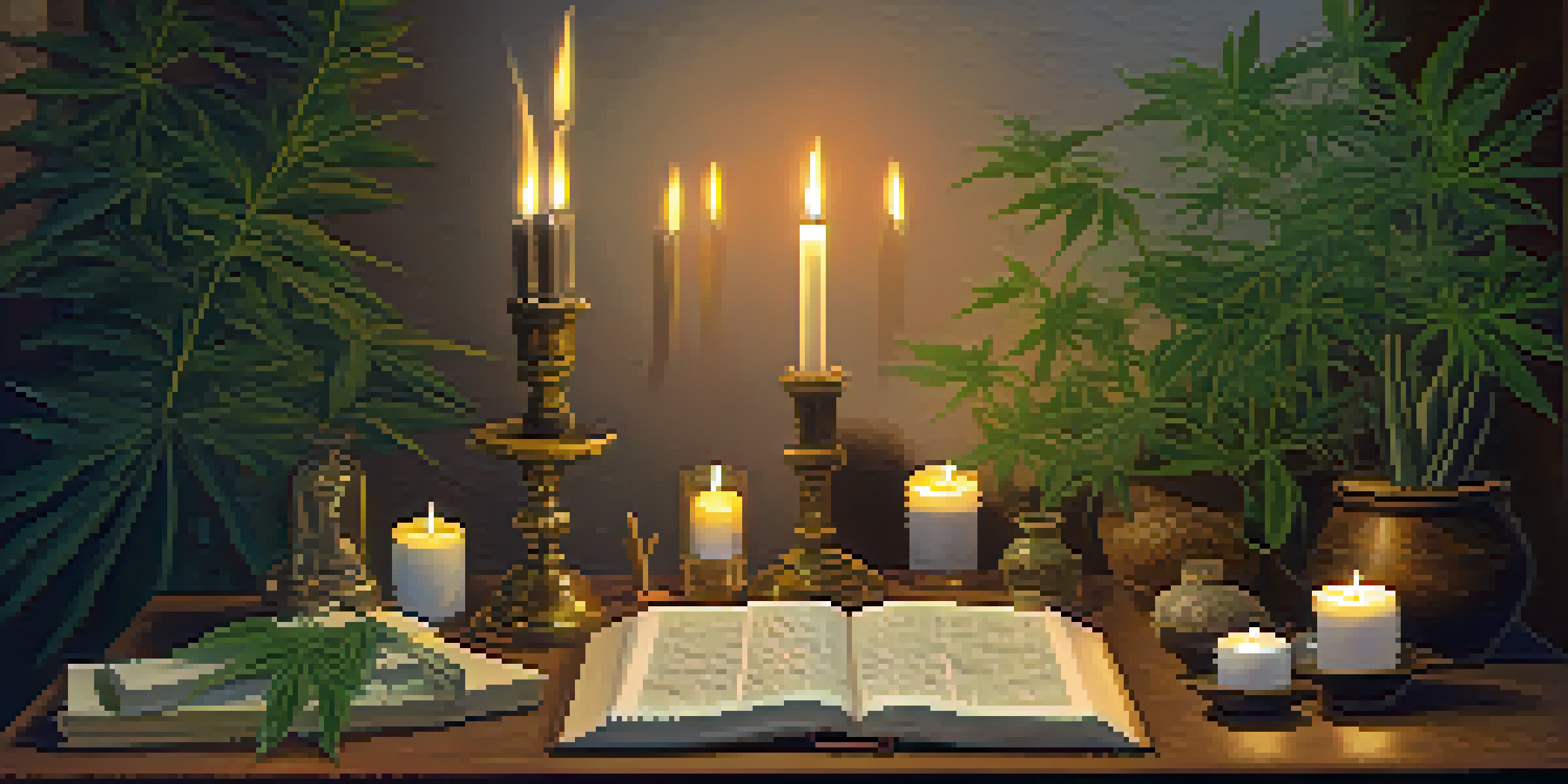 A peaceful meditation area with candles, cannabis leaves, and ancient texts, creating a spiritual atmosphere.