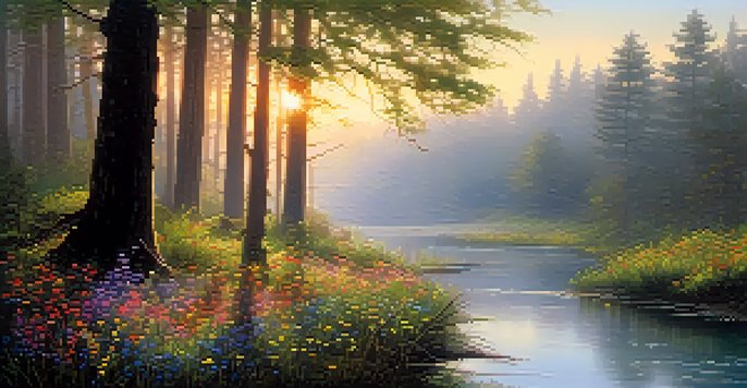 A tranquil forest at dawn with sunlight shining through trees and colorful wildflowers, along with a misty stream.