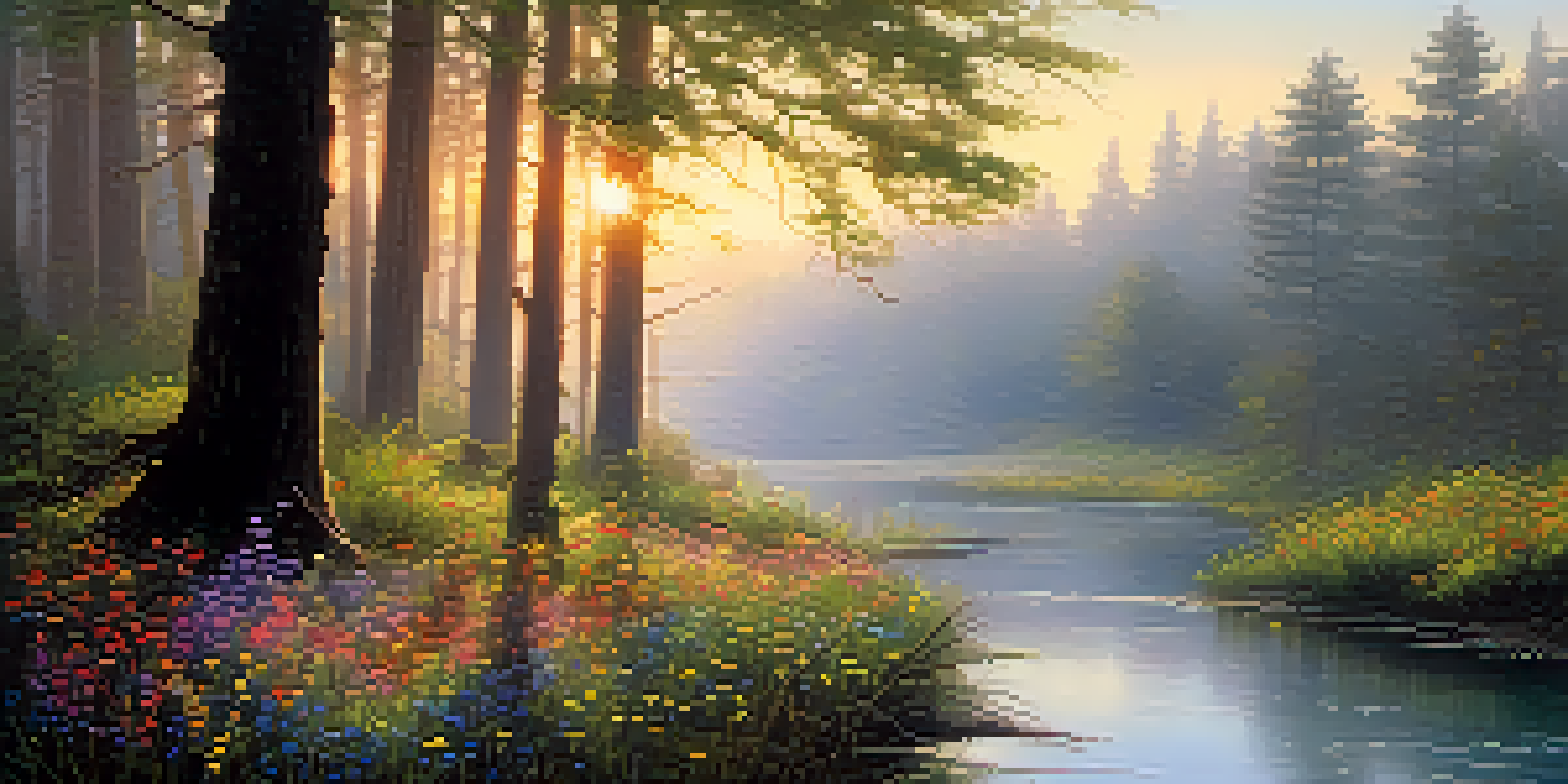 A tranquil forest at dawn with sunlight shining through trees and colorful wildflowers, along with a misty stream.