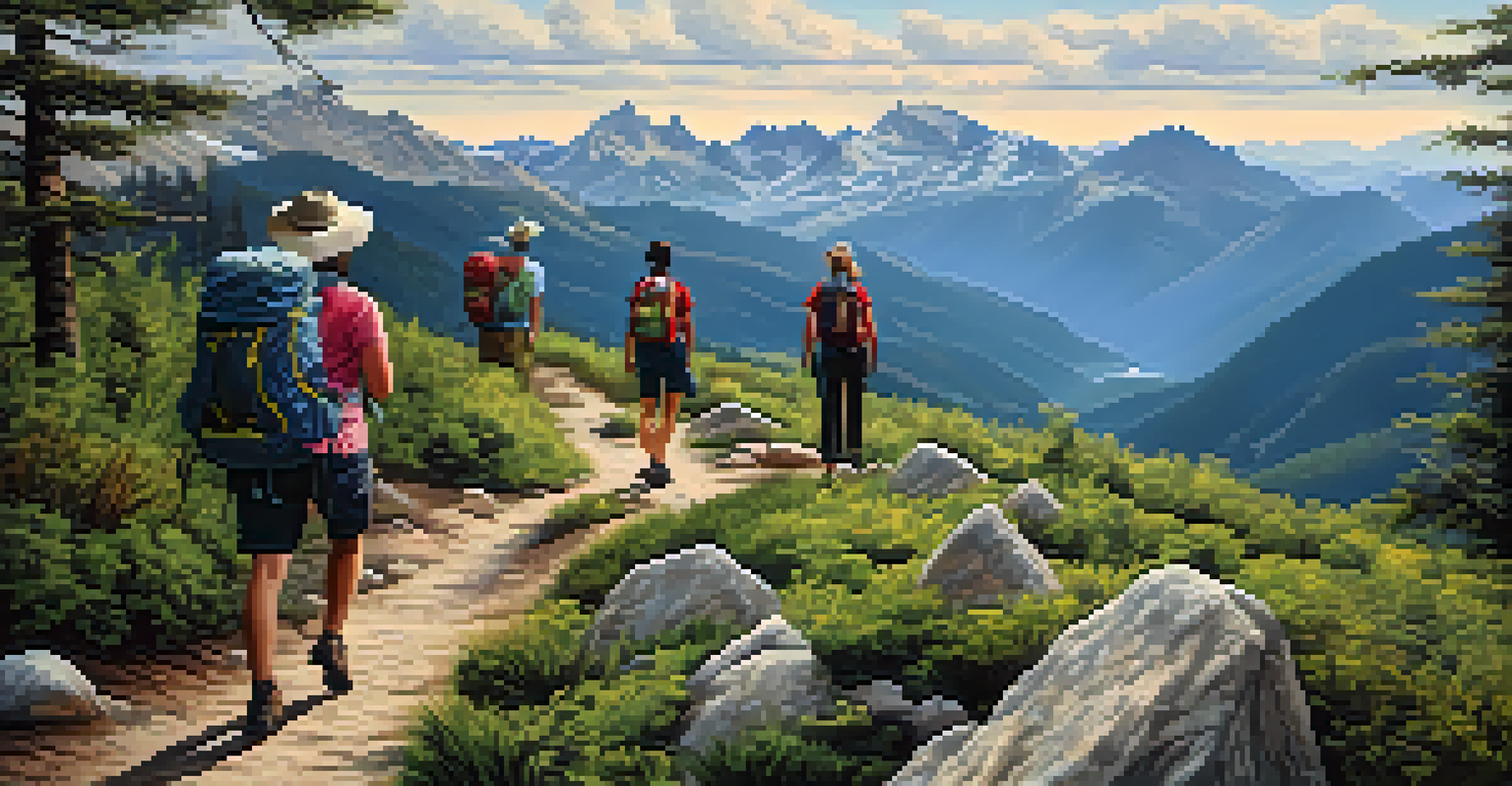 Friends hiking together on a mountain trail, helping each other while enjoying the beautiful view of valleys and peaks.