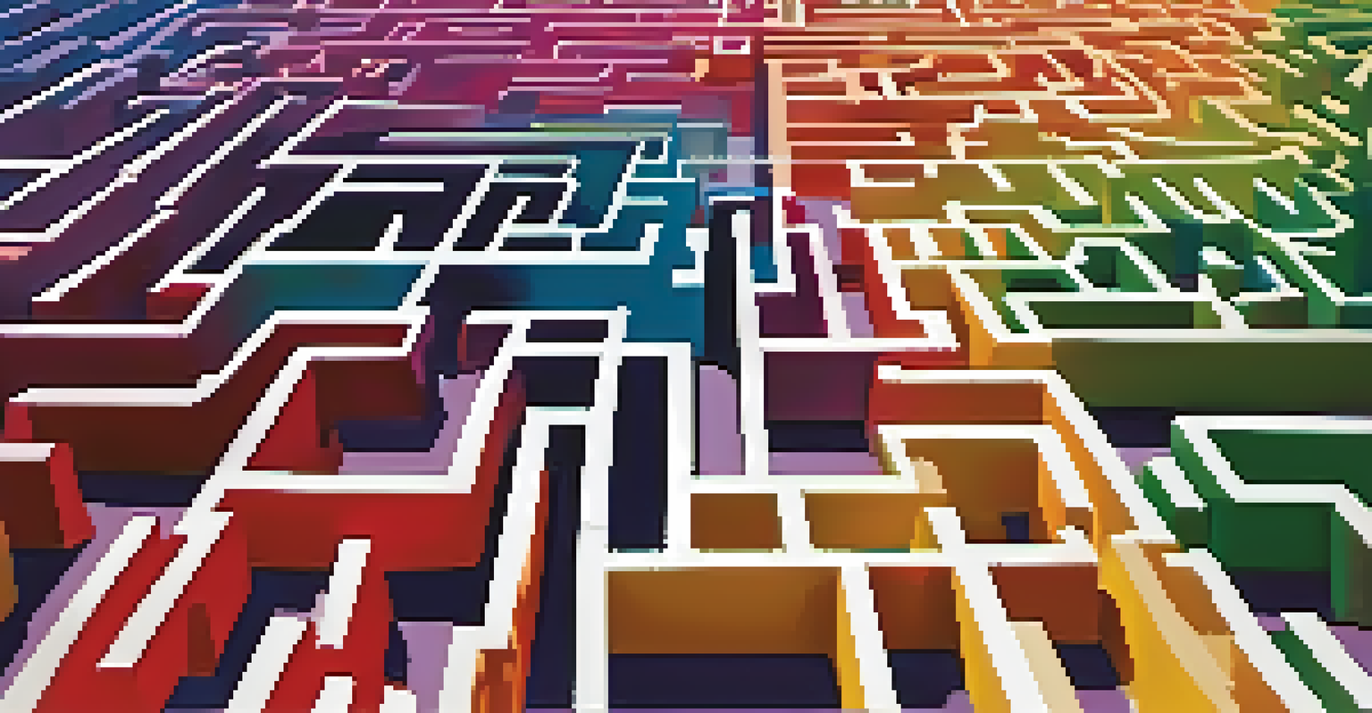 An abstract maze in bright colors, with a silhouette of a person contemplating different paths.