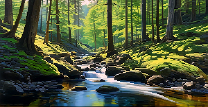 A peaceful forest scene with sunlight filtering through trees and a stream flowing over stones.