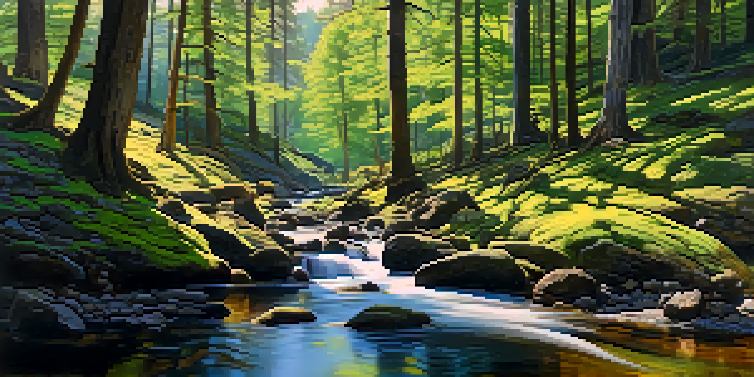 A peaceful forest scene with sunlight filtering through trees and a stream flowing over stones.