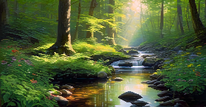 A tranquil forest scene with sunlight streaming through the trees, colorful wildflowers, and a clear stream flowing over stones.