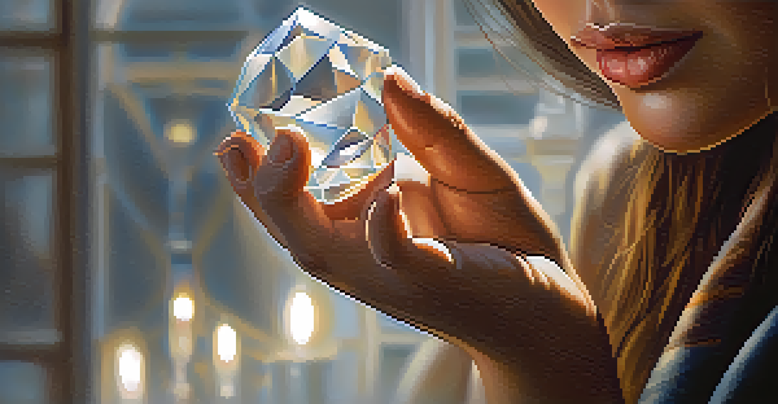A close-up of a person's hand holding a crystal, with a serene expression in a softly blurred background.