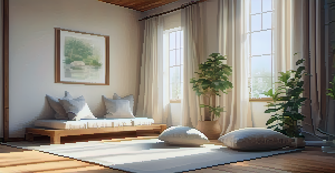 A peaceful meditation space with soft lighting, a meditation cushion, and an altar with candles and plants.