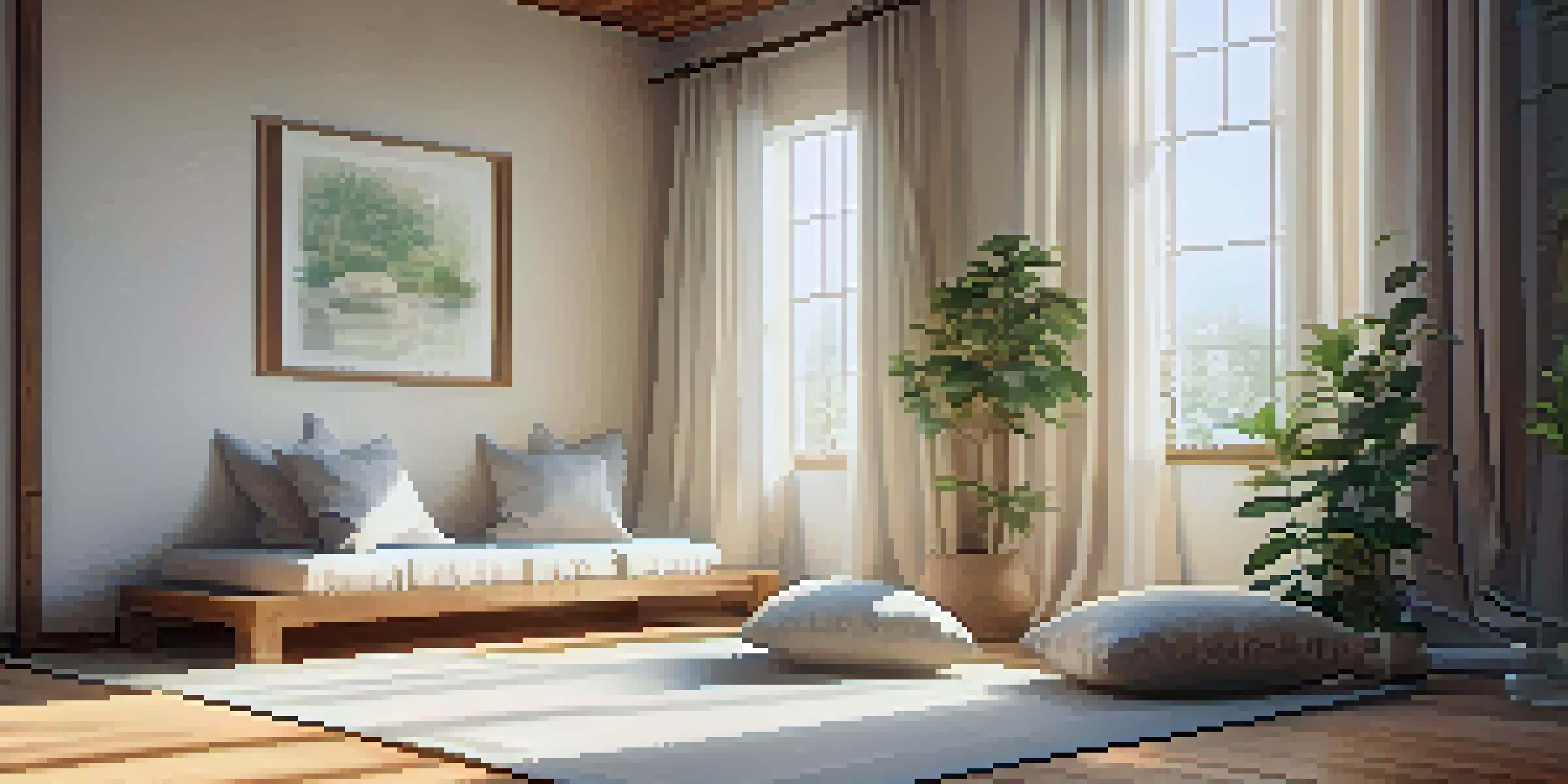 A peaceful meditation space with soft lighting, a meditation cushion, and an altar with candles and plants.