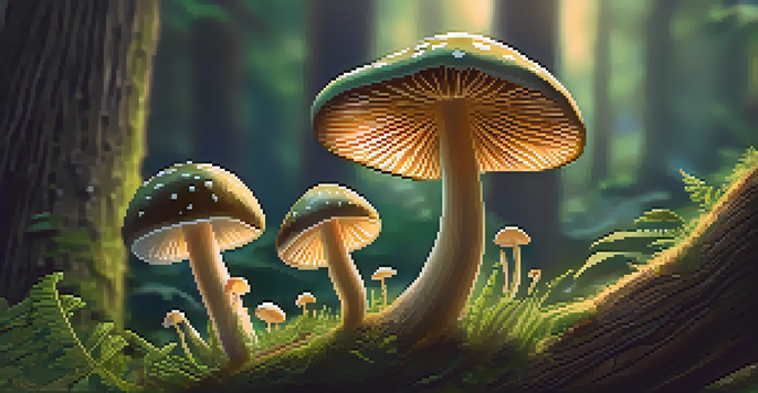 Close-up of psilocybin mushrooms in a green, sunlit environment.