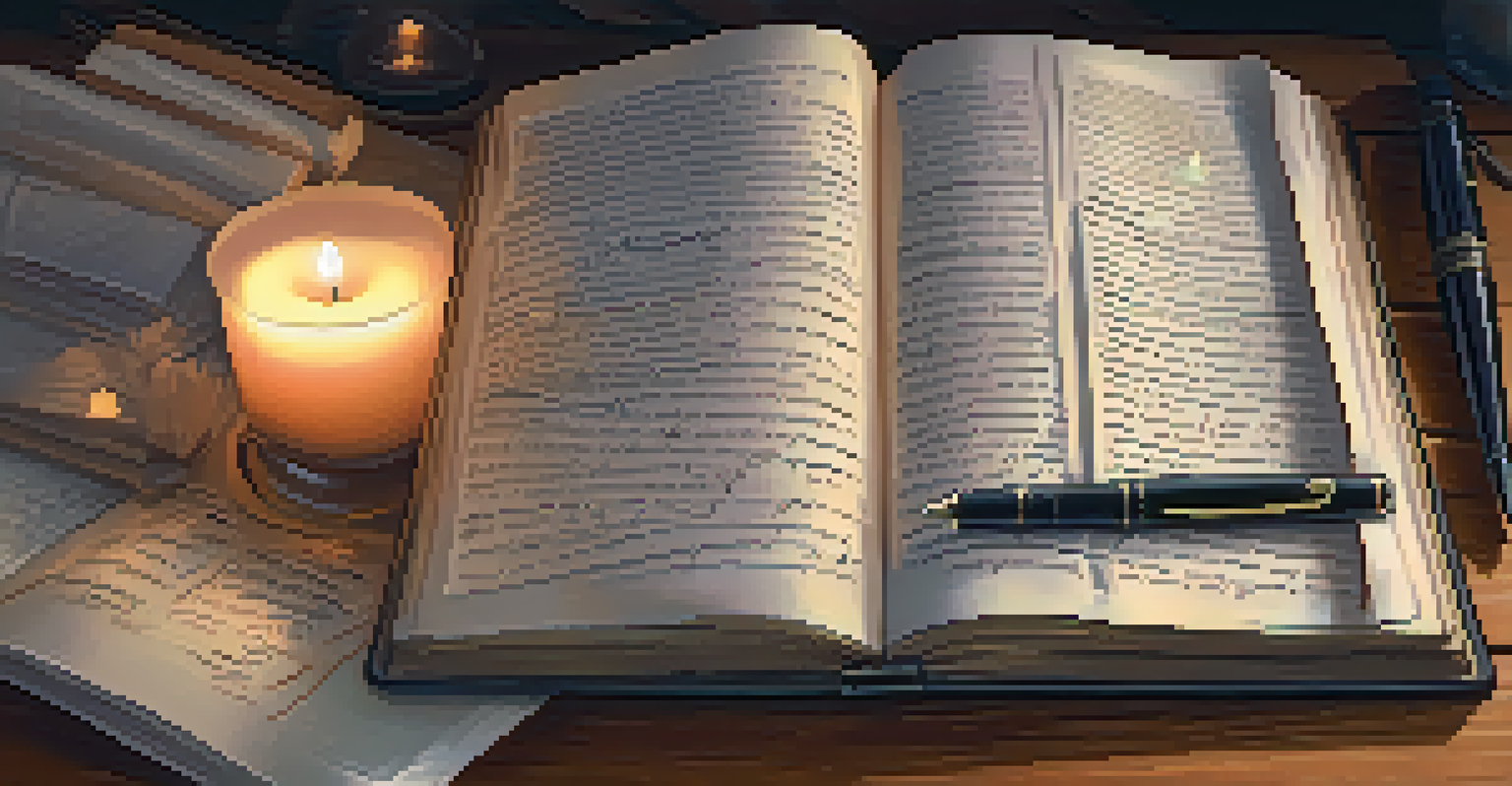 A close-up of an open journal with handwritten notes and sketches, a fountain pen beside it, illuminated by soft candlelight.